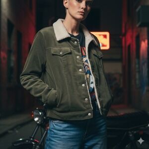 Corduroy Sherpa Lined Trucker Jacket Large Army Olive‎ Green GORP Western Retro